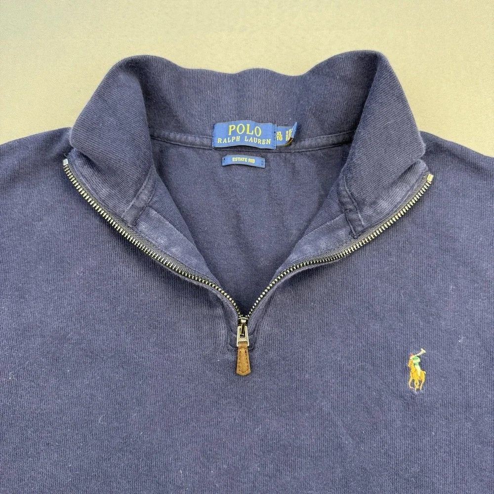 Polo‎ Ralph Lauren Mens Large Navy Blue Estate Rib Quarter Zip Pullover Sweater